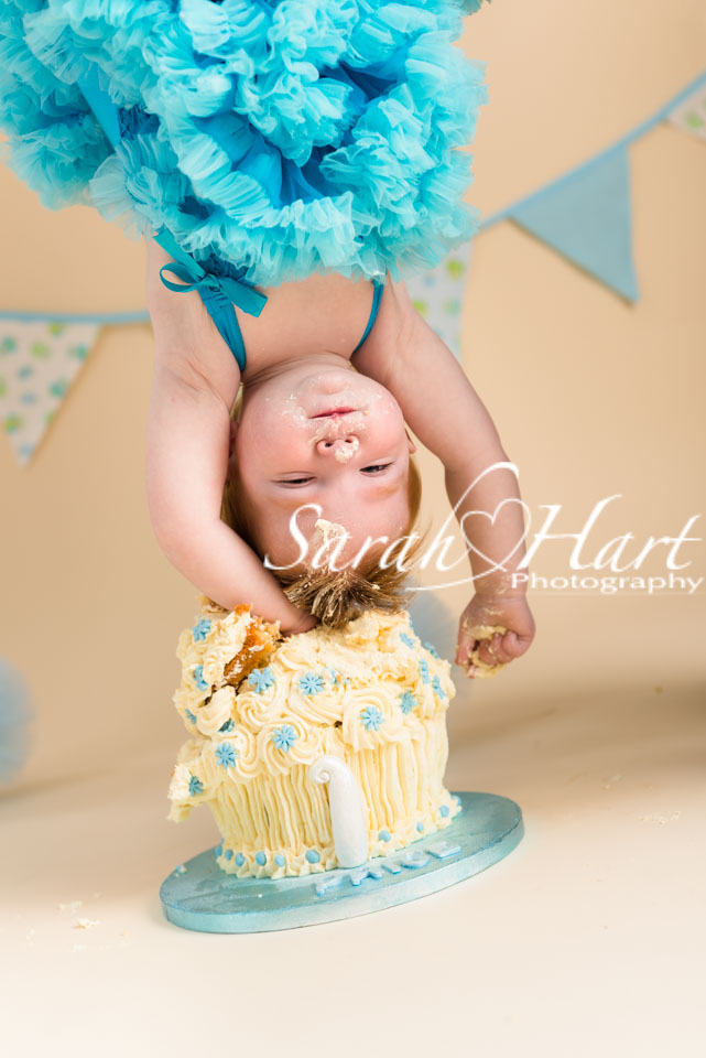 Cake smash head dunk photo, Kent photographer, Sarah Hart photography, First birthday