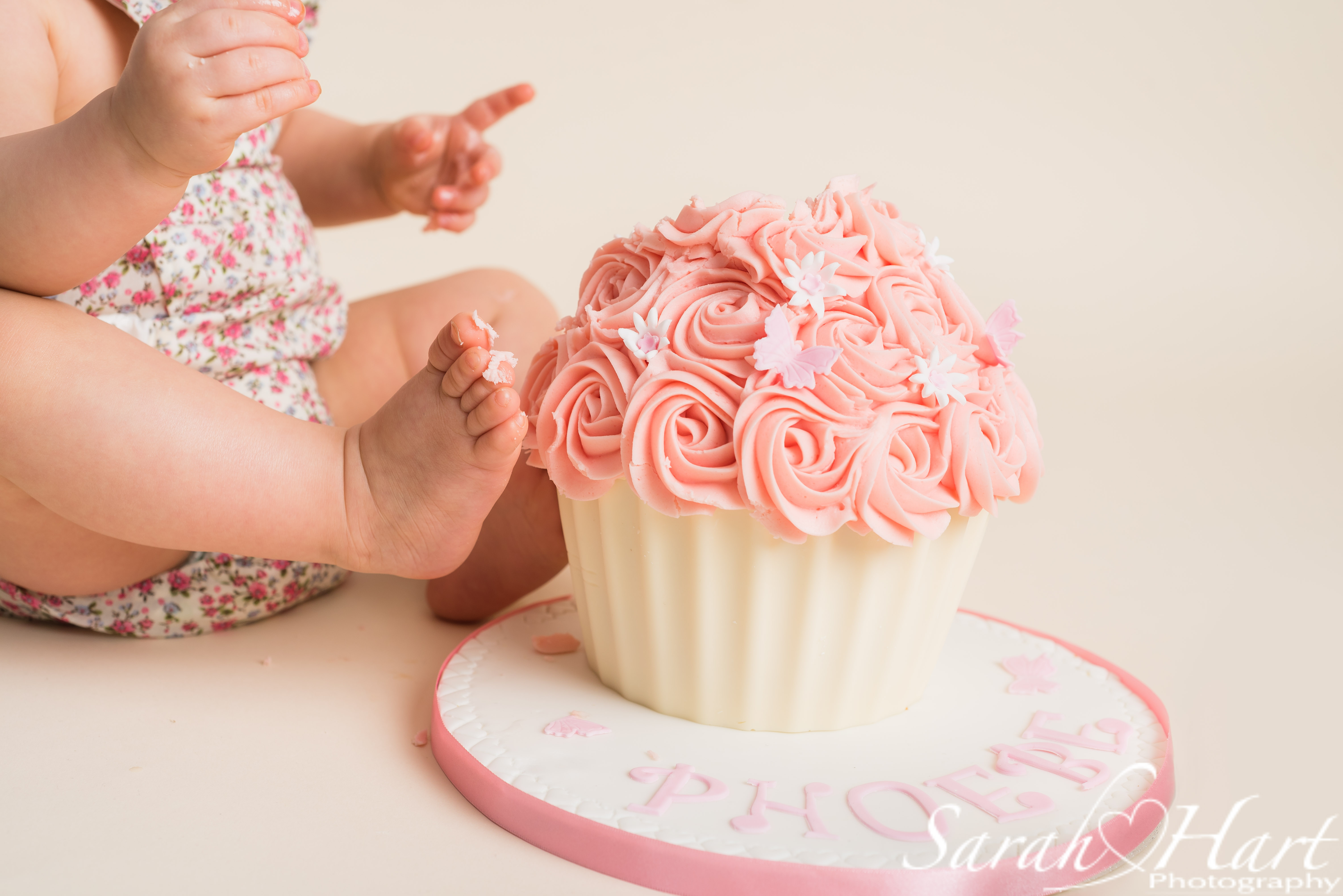 Flowers and butterflies giant pink cupcake, floral theme cake smash, Tonbridge photographer