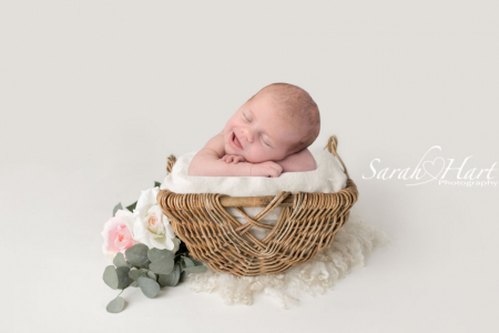 smiley newborn in basket with flowers, southborough photographer