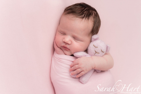 newborn wrapped with teddy, Newborn photoshoot kent