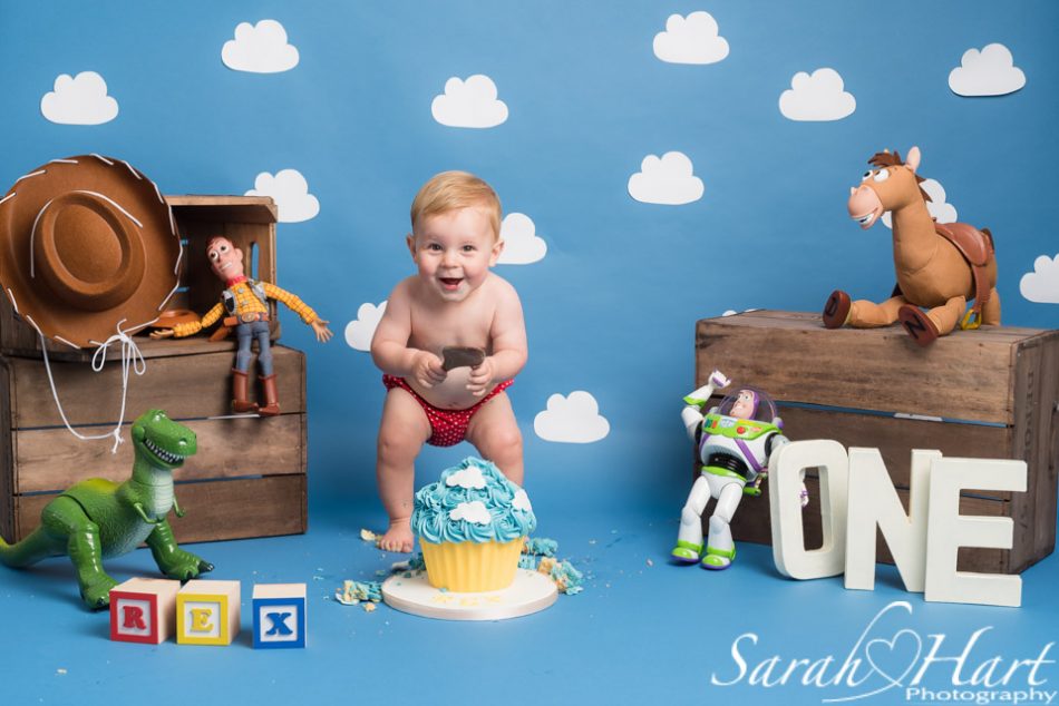 Toy Story cake smash set up for a little boy's first birthday