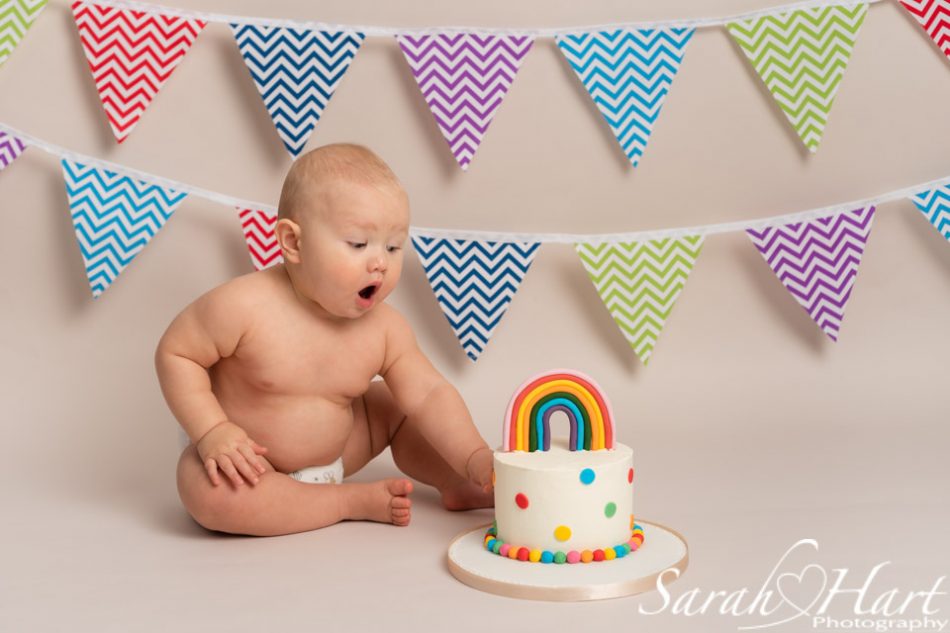 Rainbow baby cake smash for 1st birthday, Kent photographer