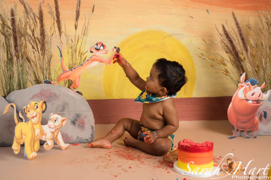 Tunbridge Wells cake smash photographer, baby boy holding Lion King meerkat