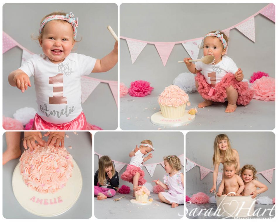 Grey and pink themed, baby girl and her sisters at Kent Cake smash photography studio