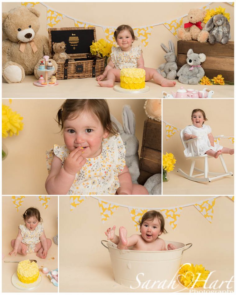Little girl enjoying her first birthday cake smash photography session, with daffodils and teddy bears, taken by sevenoaks photographer