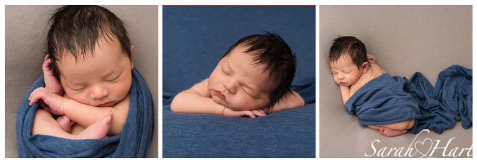 set of three newborn baby boy photos in blues and beiges, taken at a newborn photoshoot