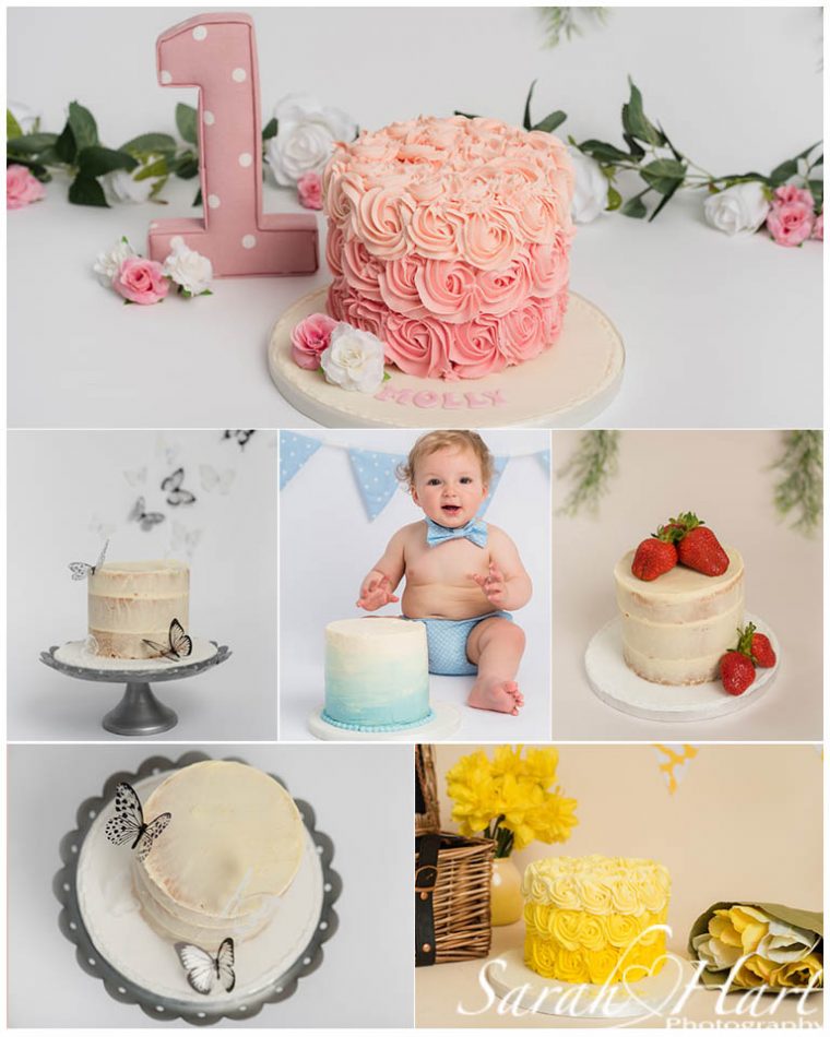 A montage of different cake smash cakes at Sarah Hart Photography's Tonbridge studio