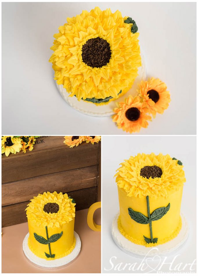 Examples of a sunflower cake taken by Tunbridge Wells cake smash photographer