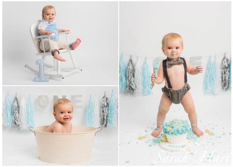 three images depicting stages of a cake smash session