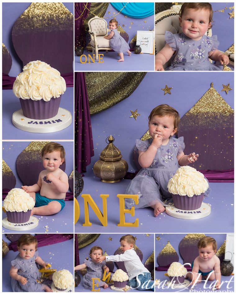 A selection of photos from an Aladdin themed cake smash by Kent photographer