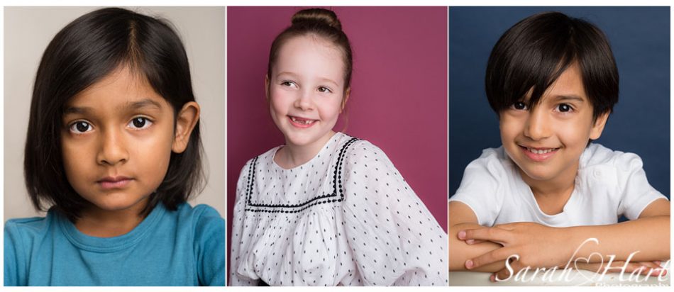 A set of three professional headshot images for young Spotlight performers