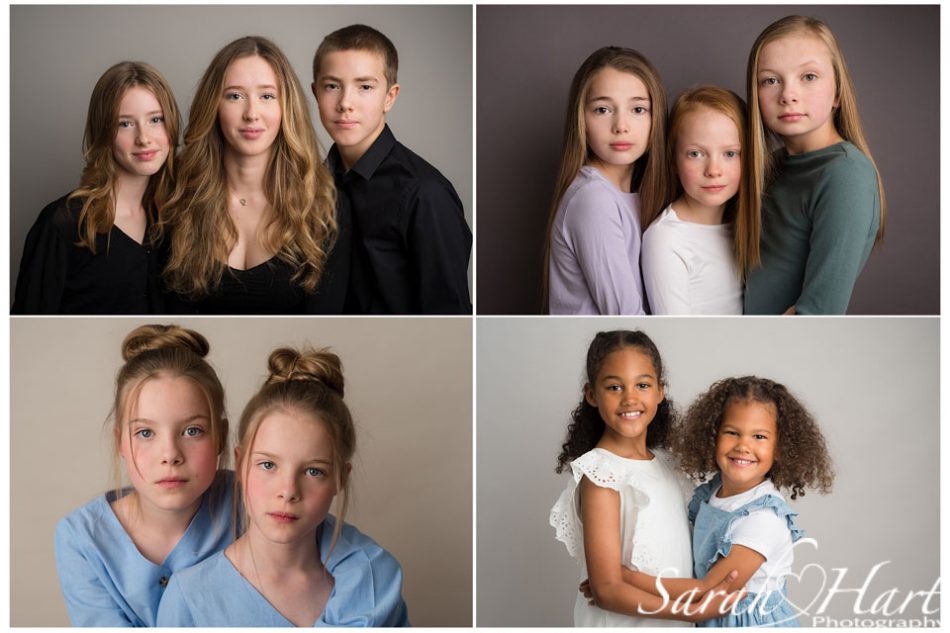 A set of four headshot photographs of siblings.