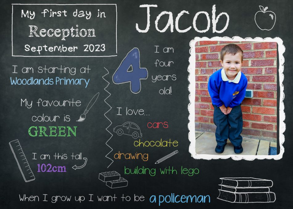 Starting School Commemorative chalkboard image includes child's details a plus a first day at school photo