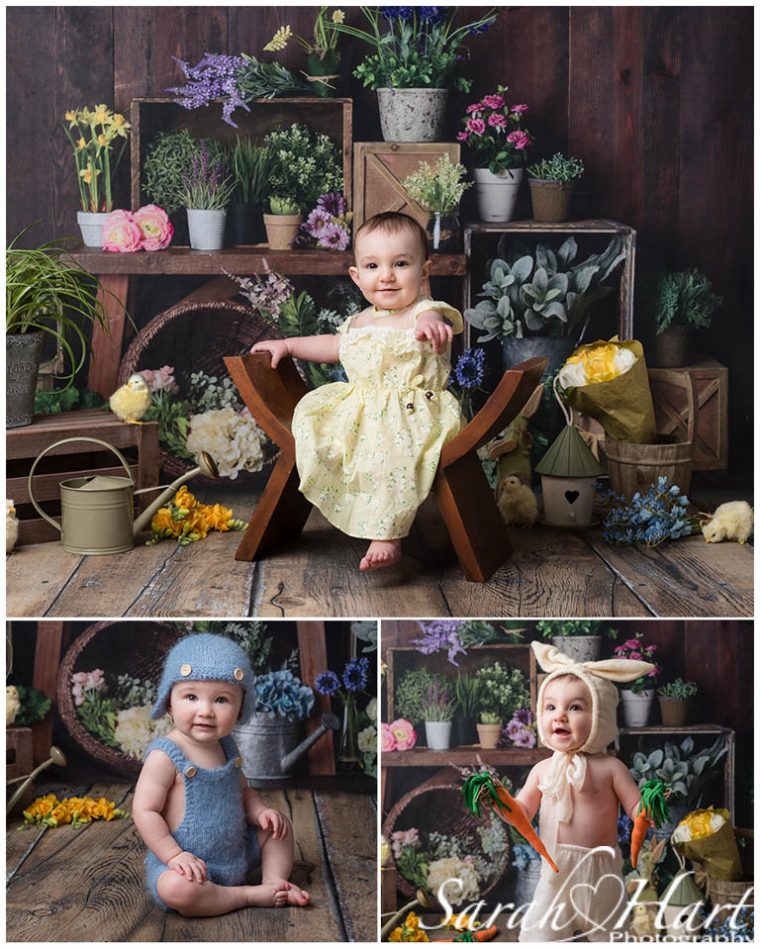 Montage of babies photographed at a photoshoot with a dark wooden backdrop and Spring blooms