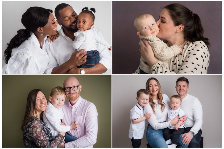 Different family portraits on four different coloured backdrops