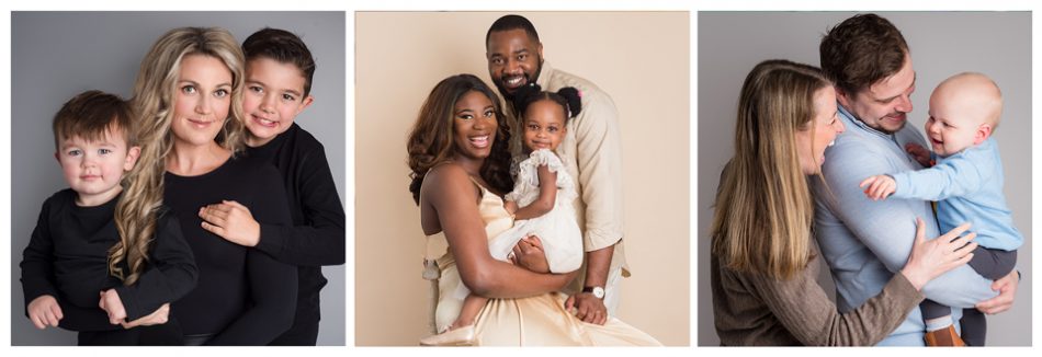 A trio of different family portraits at Sarah Hart Photography studio