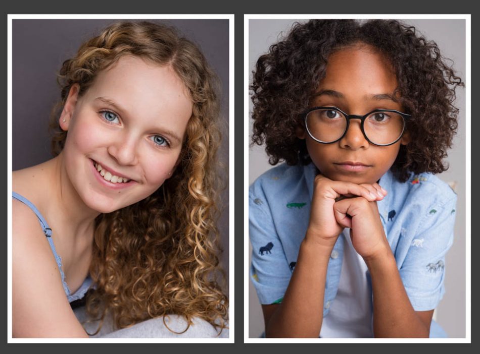 Professional headshots of a young girl and boy for their Spotlight profiles