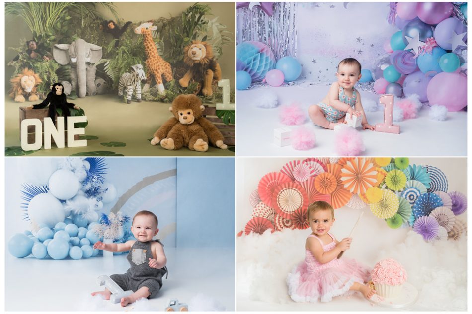 Four examples of printed backdrops for eco-friendly cake smash set ups at Sarah Hart Photography