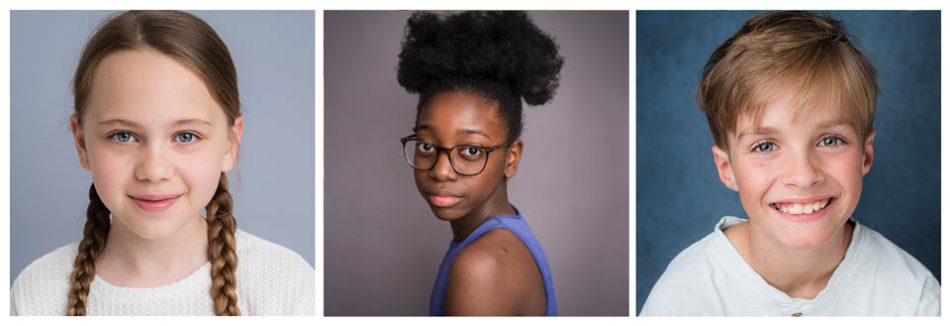three young performers at the Sarah Hart Photography studio for headshots