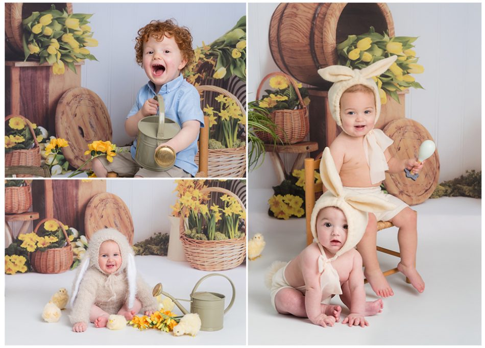 Three images of spring mini sessions with small children