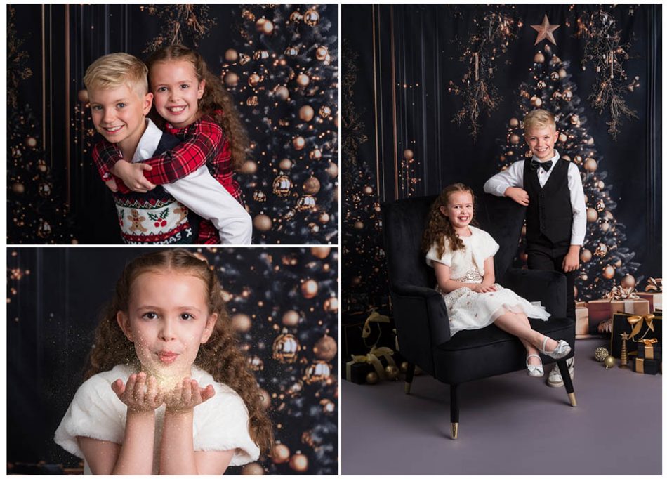 Black and Gold living room with children dressed up beneath the Christmas tree